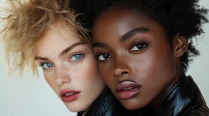 Close-up Portrait Head shot women young  two  models with different skin and hair colors. multiracil diverse  