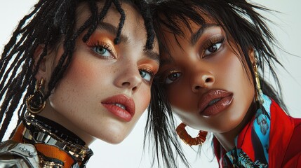 Close-up Portrait Head shot women young  two  models with different skin and hair colors. multiracil diverse  