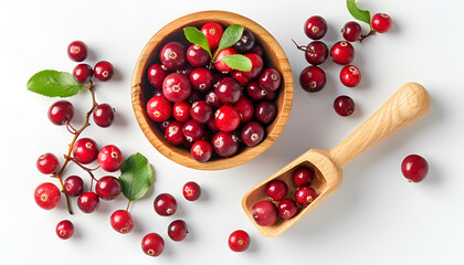 Poster - Cranberry with leaf in wooden bowl and scoop isolated on white background closeup. Top view