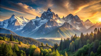 Canvas Print - Sun-Kissed Mountain Peaks: A Serene Canvas of Nature  generative AI