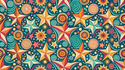 Poster - Whimsical Whirlwind of Retro Glamour: A Seamless Pattern of Dazzling Stars and Bold Geometric Shapes  AI generated