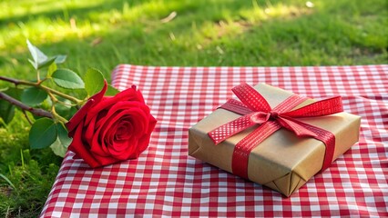 Sticker - Red Rose and Ribbon-Tied Gift Box on a Checkered Picnic Blanket  Generative AI