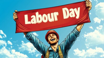 An enthusiastic worker, dressed in a hard hat and work attire, holds up a bright red 'Labour Day' banner under a clear blue sky, celebrating Labor Day with joy and pride.