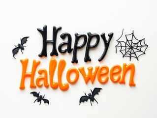 A vibrant 'Happy Halloween' text made of black and orange letters, surrounded by black bats and a spider web, conveying a spooky and festive atmosphere for Halloween celebrations.