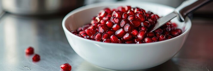 Canvas Print - Bowl of pomegranate seeds with knife on table viewed from the bottom