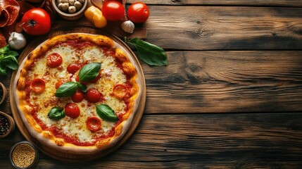 Sticker - Overhead shot of a delicious pizza and fresh ingredients on a wooden table, with space for text. Ideal for culinary and restaurant themes.