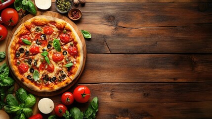 Sticker - Overhead shot of a delicious pizza and fresh ingredients on a wooden table, with space for text. Ideal for culinary and restaurant themes.