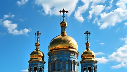 The magnificent church dome and cross look particularly solemn against the blue sky.