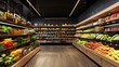 © chusnul - Image depicts a modern grocery store aisle stocked with fresh vegetables, fruits, bottled juices, and various packaged goods. The setup is well-lit, organized, and detailed.