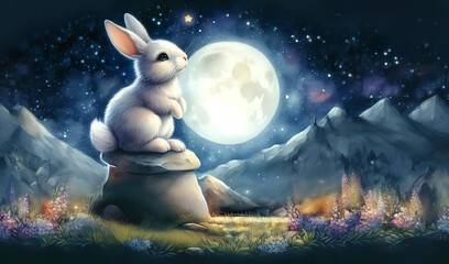 Wall Mural - The watercolor painting is a beautiful mix of orange, pink and blue, and features a natural moon rabbit.