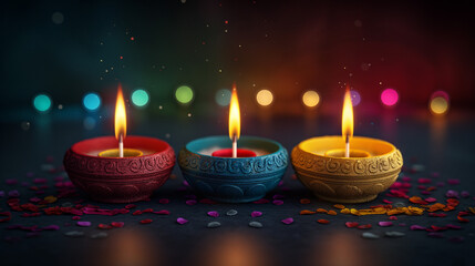 Greeting card for Happy Diwali Festival of light with clay Diya lamps. Top view. Copy space for text. Generative AI Illustration.