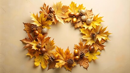 Wall Mural - Golden Autumn Wreath with Maple Leaves and Acorns  Generative AI