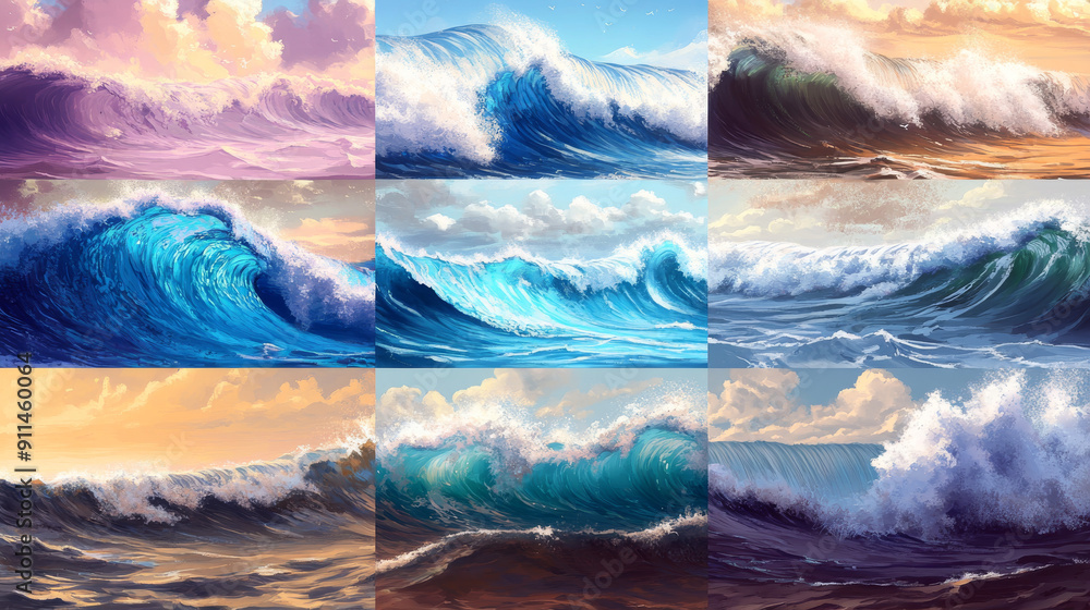 Depict a range of waves, including small ripples, rolling surf ...