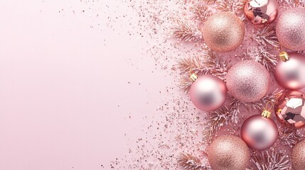 Wall Mural - festive pink and rose gold christmas ornaments adorning a delicate pine branch, creating a luxurious