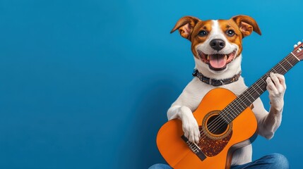 Wall Mural - A photo of a dog happy playing a guitar, isolated on a dark blue background