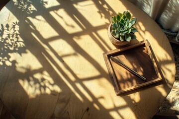 Wall Mural - Wooden Table with Succulent, Pen, and Sunlight Shadows