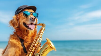 Wall Mural - A photo of a dog happy playing a saxophone, isolated on a light blue background