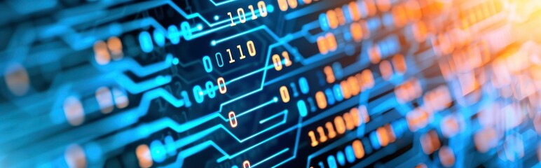 Digital data and binary code background with glowing orange numbers on blue digital circuit board
