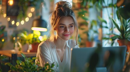 Wall Mural - A cheerful customer service agent, typing on their computer, engaged in a live chat session, in a cozy office setting. The background includes plants and soft lighting,