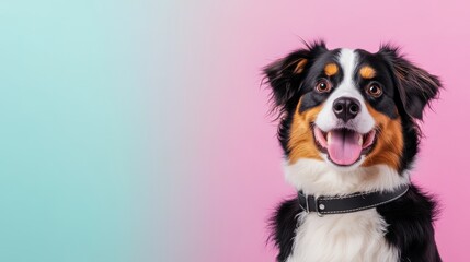 Wall Mural - A photo of a dog crazy playing a banjo, isolated on a light violet background