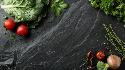 Garlic cloves and fresh tomatoes on a dark slate board, ideal for culinary presentations or recipe backgrounds.