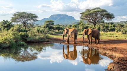 elephants at a waterhole in tsavo east national park, kenya, with their reflections visible in the w