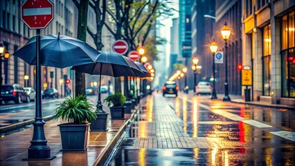 A Symphony of Umbrellas: A Rainy Day Stop Sign in the Concrete Jungle  generative AI