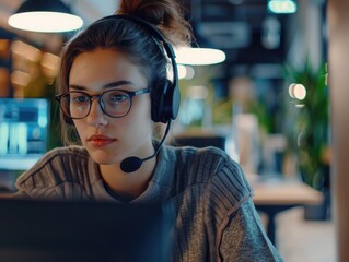 Canvas Print - A person sits in front of a computer, wearing a headset, likely engaged in online work or gaming