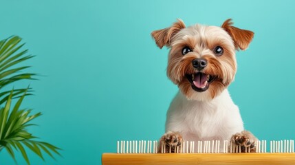 Wall Mural - A photo of a dog happy playing a marimba, isolated on a light teal background