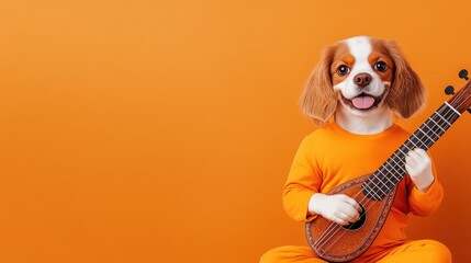 Canvas Print - A photo of a dog smile playing a sitar, isolated on a dark orange background