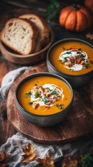 Cozy autumn dinner scene: two bowls of creamy pumpkin soup garnished with herbs and cream, served with rustic bread slices and a whole pumpkin in the background.