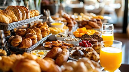 High-end breakfast buffet at a luxury hotel: fresh bread, pastries, eggs, orange juice, and a spread of gourmet options.