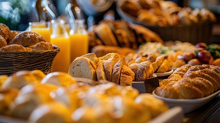 Luxurious breakfast buffet: fresh bread, pastries, orange juice, eggs, and a variety of delicious morning options.