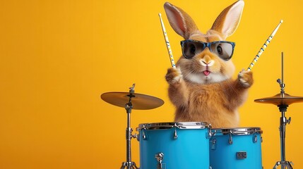 Wall Mural - A photo of a rabbit facetious playing a drum set, isolated on a dark orange background