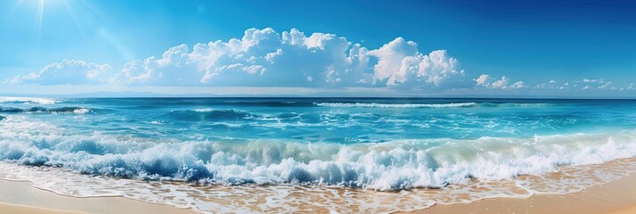 tranquil and beautiful seaside landscape. The centerpiece of the image is the vast ocean, with clear, blue water.