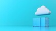© Tackey - Cloud computing and data storage concept with a blue container and a floating cloud icon on a blue background.