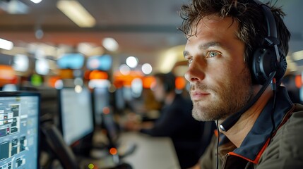 Wall Mural - A customer service agent, focused on a live chat session, in a spacious call center. The background shows rows of desks and computers, emphasizing a busy work environment.