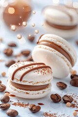 shot of two macarons with chocolate drizzle surrounded by chocolate and coffee beans decoration