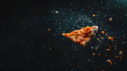 A slice of pizza with cheese falling from the sky against a background 