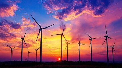 Turbines at a wind power plant silhouetted against a sunset sky, promoting eco-friendly energy.