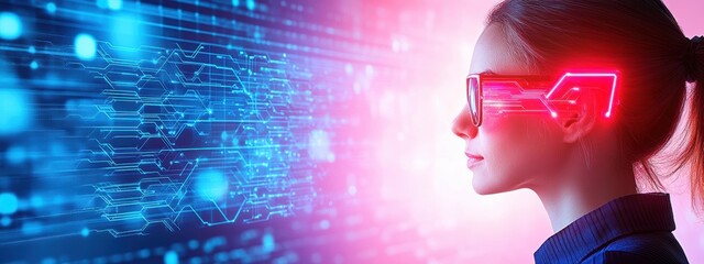 Future, Businesswoman in a futuristic setting, utilizing advanced data technologies, neon lighting