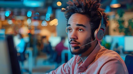 Canvas Print - A customer service agent, wearing a headset, answering a phone call with a concerned look in a brightly lit office. The background shows colleagues working at desks, enhancing a collaborative feel.