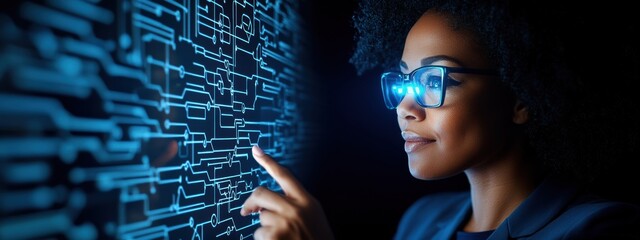 Wall Mural - Future, Futuristic executive businesswoman, interacting with AI assistants, in a technologically advanced office, neon blue lighting