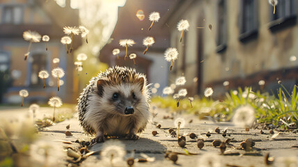 A small hedgehog sits on the ground. surrounded by floating fluffy dandelion tufts in front of an ancient house with eaves and windows. 