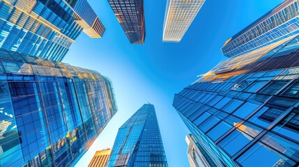 Aerial Perspective of Sleek Urban Skyscrapers Against Clear Blue Sky