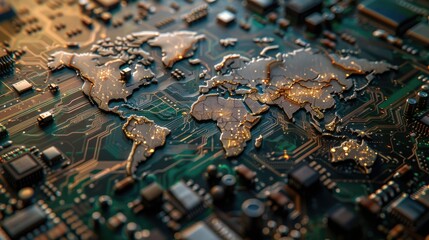 Wall Mural - A close-up view of a circuit board featuring a world map printed on it