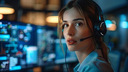 Wall Mural - A customer service representative, wearing a headset, interacting with a customer through a virtual assistant platform, in a modern office.