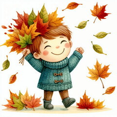 Sticker - Cute cartoon child with autumn leaves on white background. AI