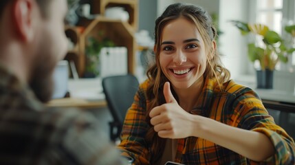 Wall Mural - A delighted customer giving a thumbs-up while a customer service agent assists them, in a minimalist, clean office space. The background shows simple furniture and a tidy environment,