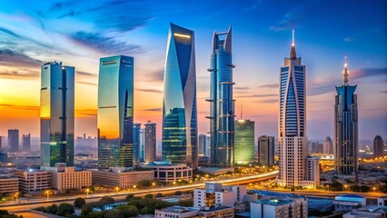 riyadh's skyline bathed in blue: a symphony of glass and steel ai generated